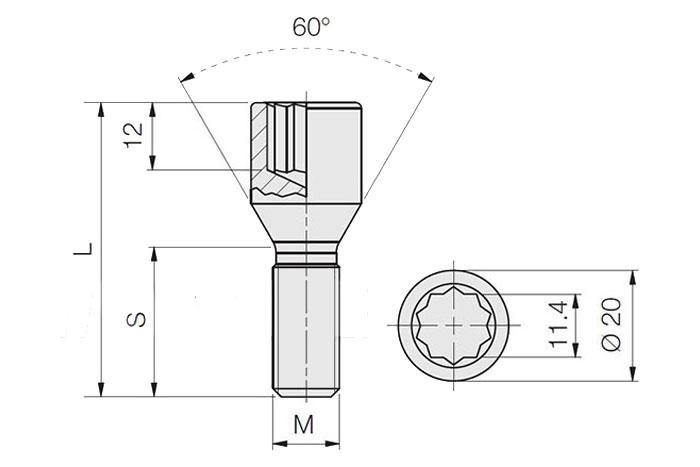 M12x1,5, Wielbout conisch inbus, Draadlengte 34mm, 20mm kopdiameter